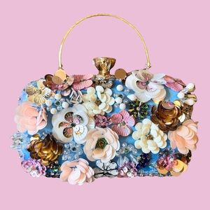 bebe Floral Embellished Blue Clutch with Gold Handle